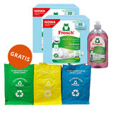 Frosch Set, All In 1 Spülmaschinentabs, Soda, 2 x 30 Stück + Geschirrspülmittelkonzentrat, Himbeere, 500 ml + Recyclingbeutel, 3 Stück gratis