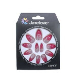 Set of 12 Gradient False Nails with Glitter, Janelove, Cherry