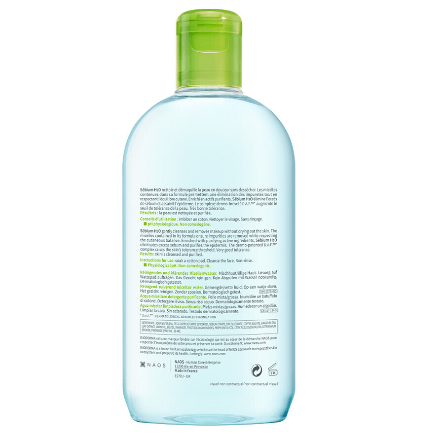 Bioderma H2O Sebium Micellar Solution für Mischhaut und fettige Haut, 500 ml