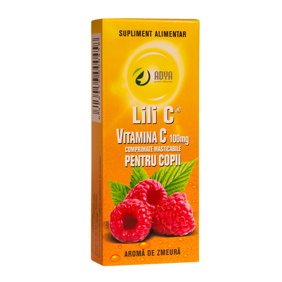 Vitamina C 100 mg cu aromă de zmeură pentru copii, 30 comprimate, Adya