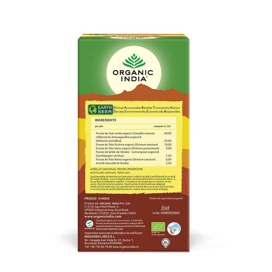 Ceai Tulsi Ashwagandha si Ceai Verde, 25 plicuri, Organic India