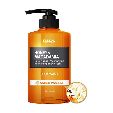 Natürliches feuchtigkeitsspendendes Duschgel mit Honig und Macadamia, Amber Vanilla, Kundal, 500 ml