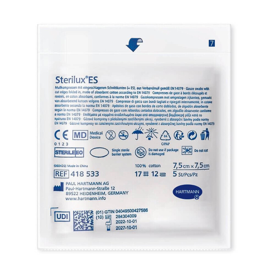 Comprese din tifon sterile Sterilux ES, 7.5 cm x 7.5 cm, 1 bucata, Hartmann