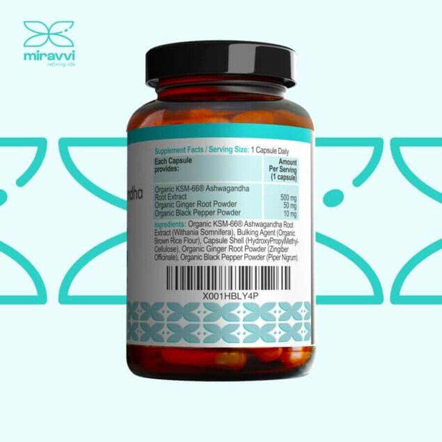 Complesso di Ashwagandha Ultimate KSM-66 biologico, 60 capsule, Miravvi