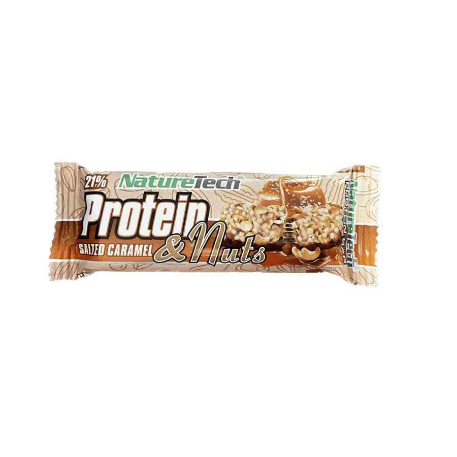 Zuckerfreier Energieriegel mit 21% Protein, gesalzenem Karamell und Nüssen, 45 g, Nature Tech