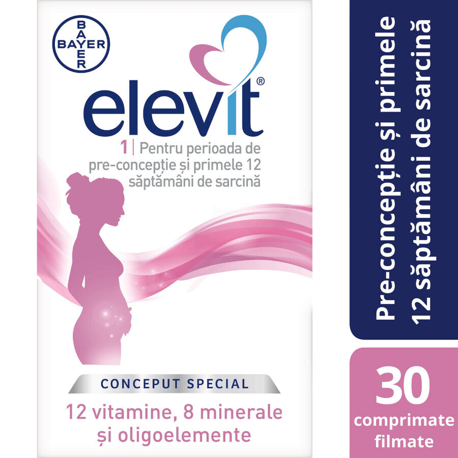 Elevit 1, Multivitamine pentru perioada de pre-conceptie si sarcina – Primul  trimestru de sarcina, 30 comprimate, Bayer