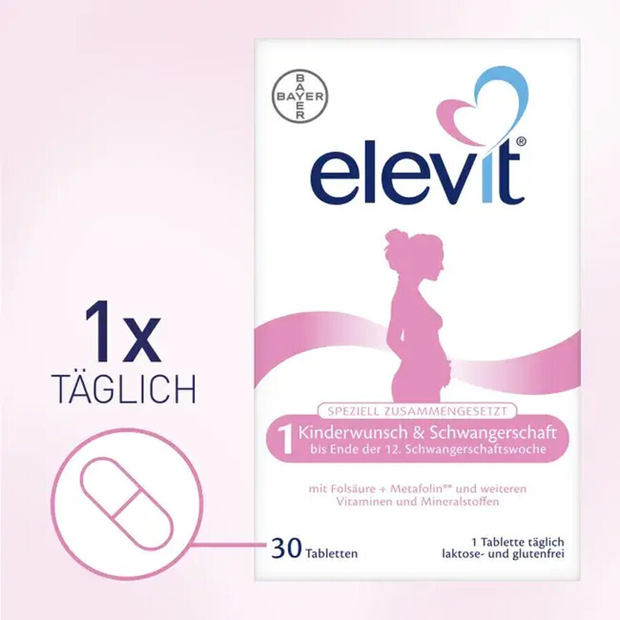 Elevit 1, Multivitamine pentru perioada de pre-conceptie si sarcina – Primul  trimestru de sarcina, 30 comprimate, Bayer