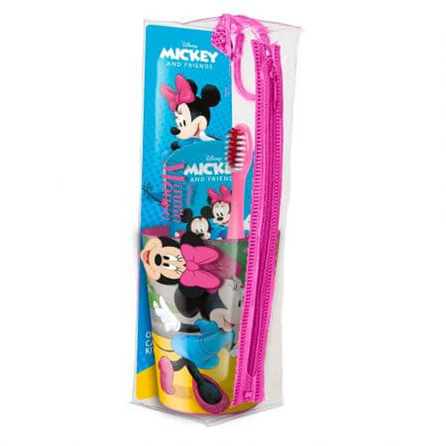 Reiseset Minnie Mouse Reisebürste + Glas + Minnie Mouse Baby-Paste mit Minzgeschmack, +3 Jahre, Herr Weiß