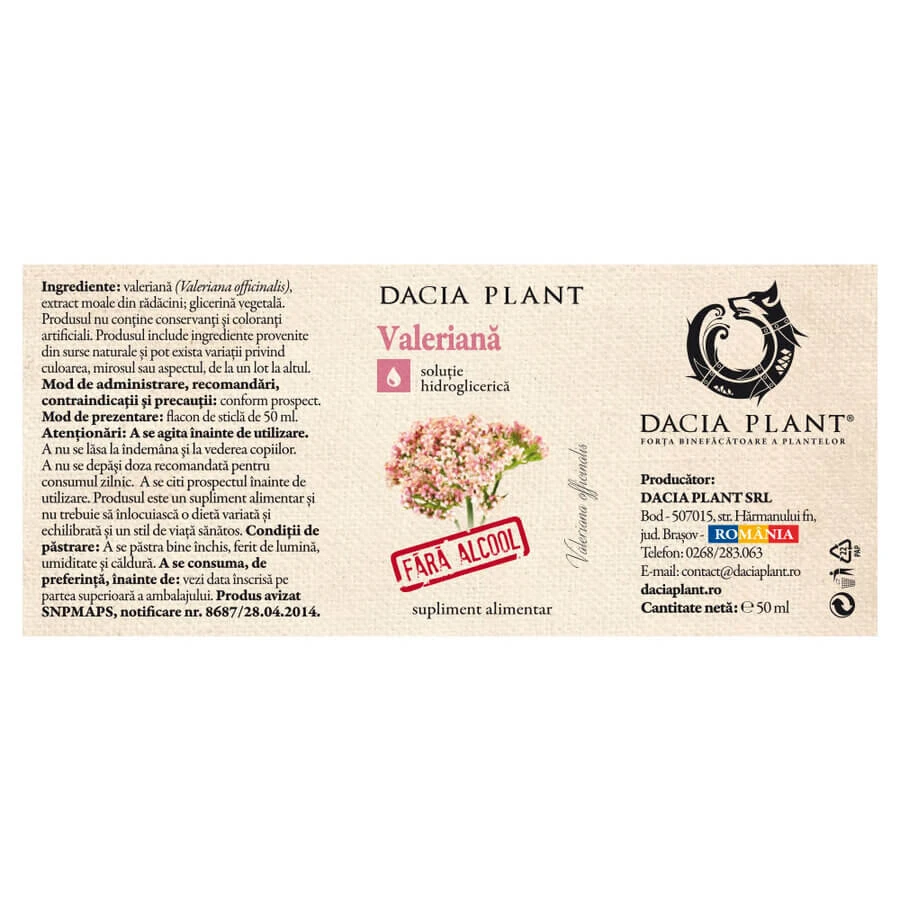 Natuurlijk valeriaanextract zonder alcohol, 50 ml, Dacia Plant