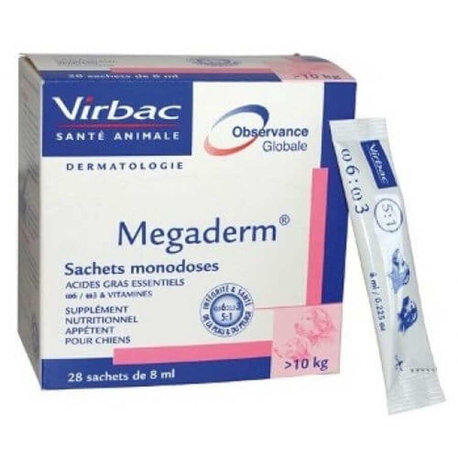 Dietary supplement with essential fatty acids, which helps to improve the quality of fur in dogs and cats over 10 kg Megaderm 8 ml, 28 sachets, Virbac