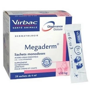 Suplemento dietético con ácidos grasos esenciales para ayudar a mejorar la calidad del pelaje en perros y gatos de menos de 10 kg Megaderm 4 ml, 28 sobres, Virbac