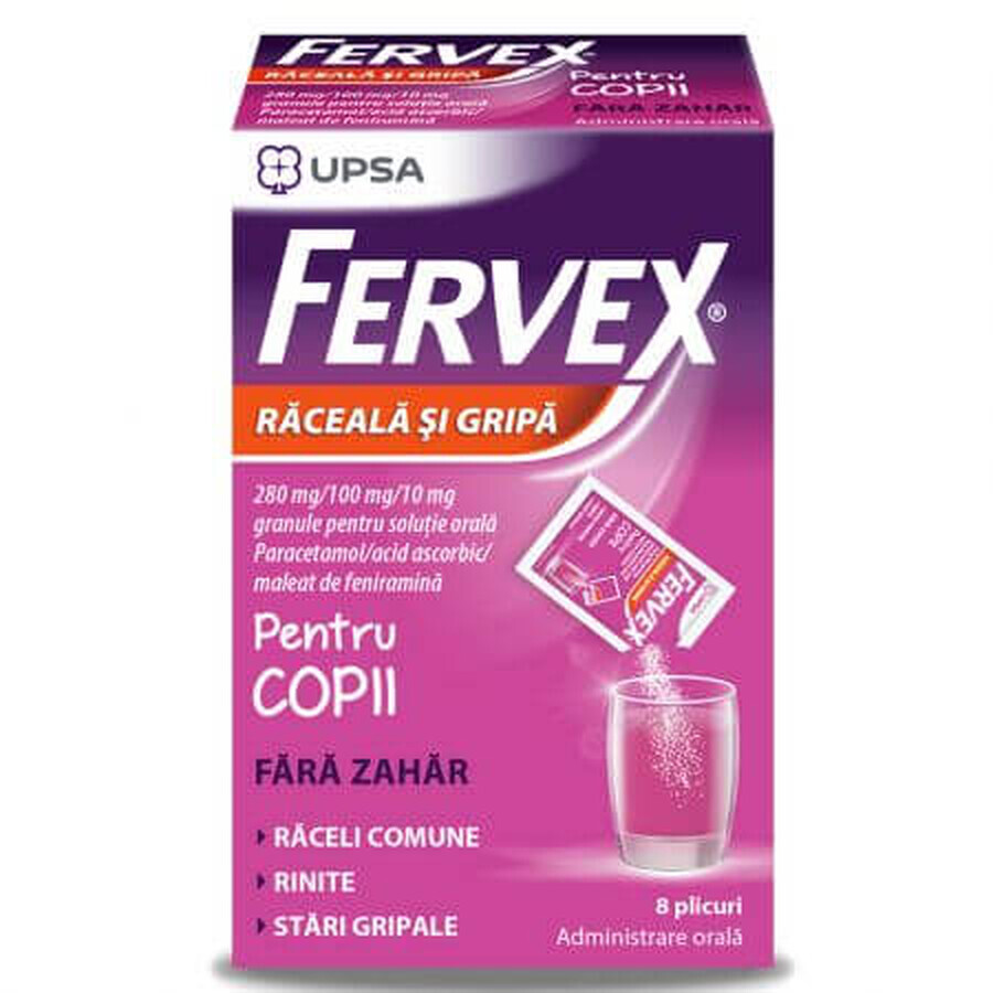 Fervex Erkältungs- und Grippemittel für Kinder, zuckerfrei, 280mg/100 mg/10 mg, 8 Beutel, Upsa