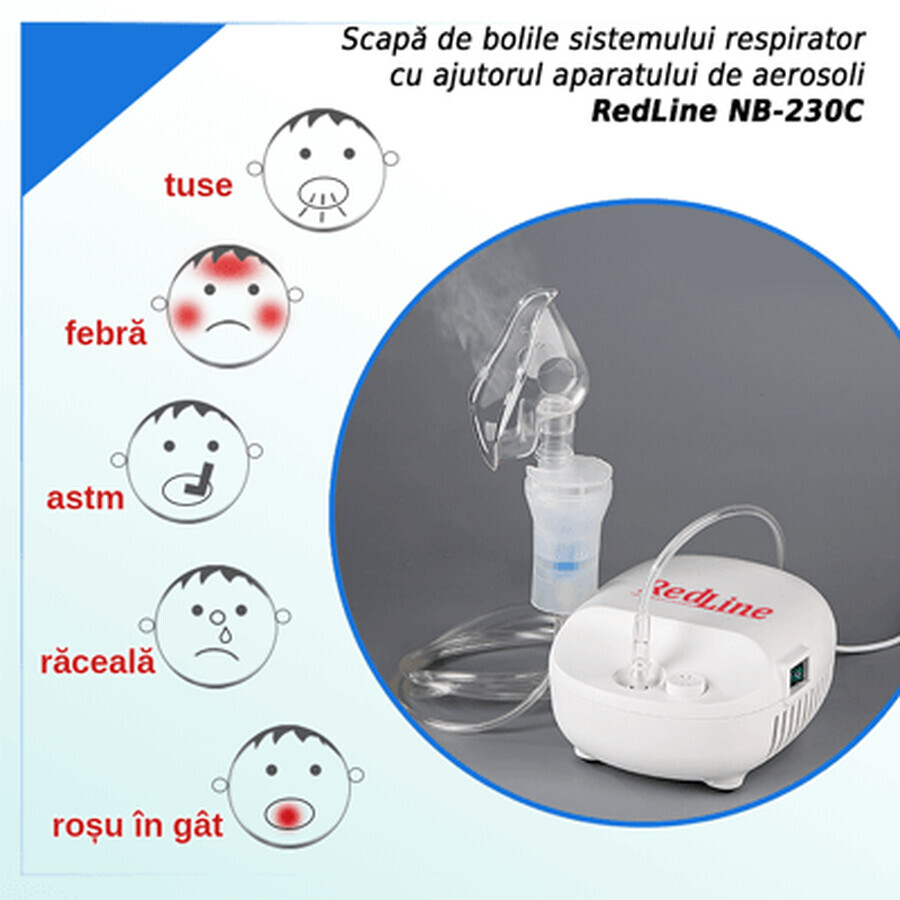 Aparat aerosoli RedLine NB-230C, masca copii si adulti, pahar de nebulizare, particule 4 microni, nebulizator inhalator cu compresor