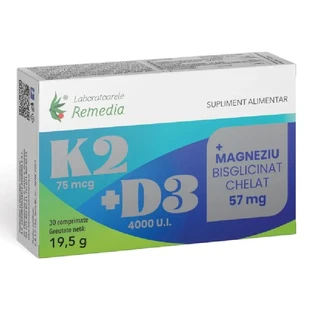 K2 + D3 + bisglicinato de magnesio quelado, 30 comprimidos, Remedia 