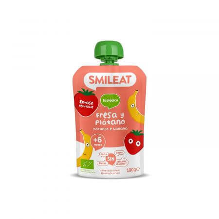 Piure Bio din banane si capsuni, +6 luni, 100 g, Smileat