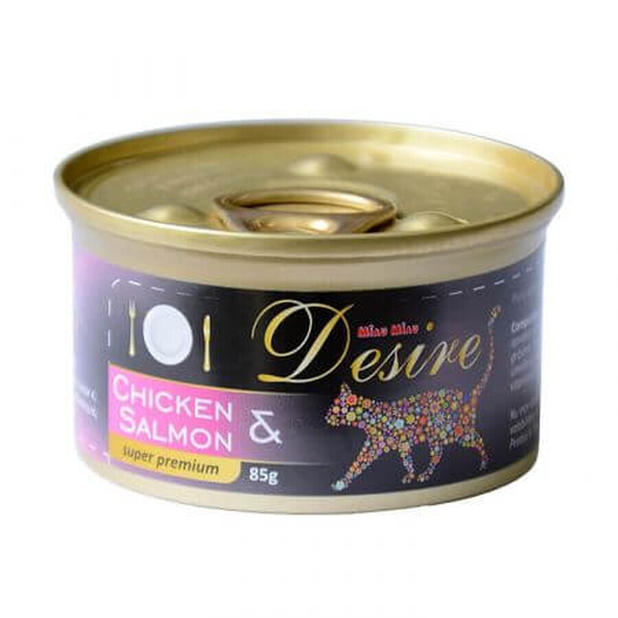 Alimento umido con filetto di pollo e salmone in gelatina per gatti Desire, 85 g, Miau Miau