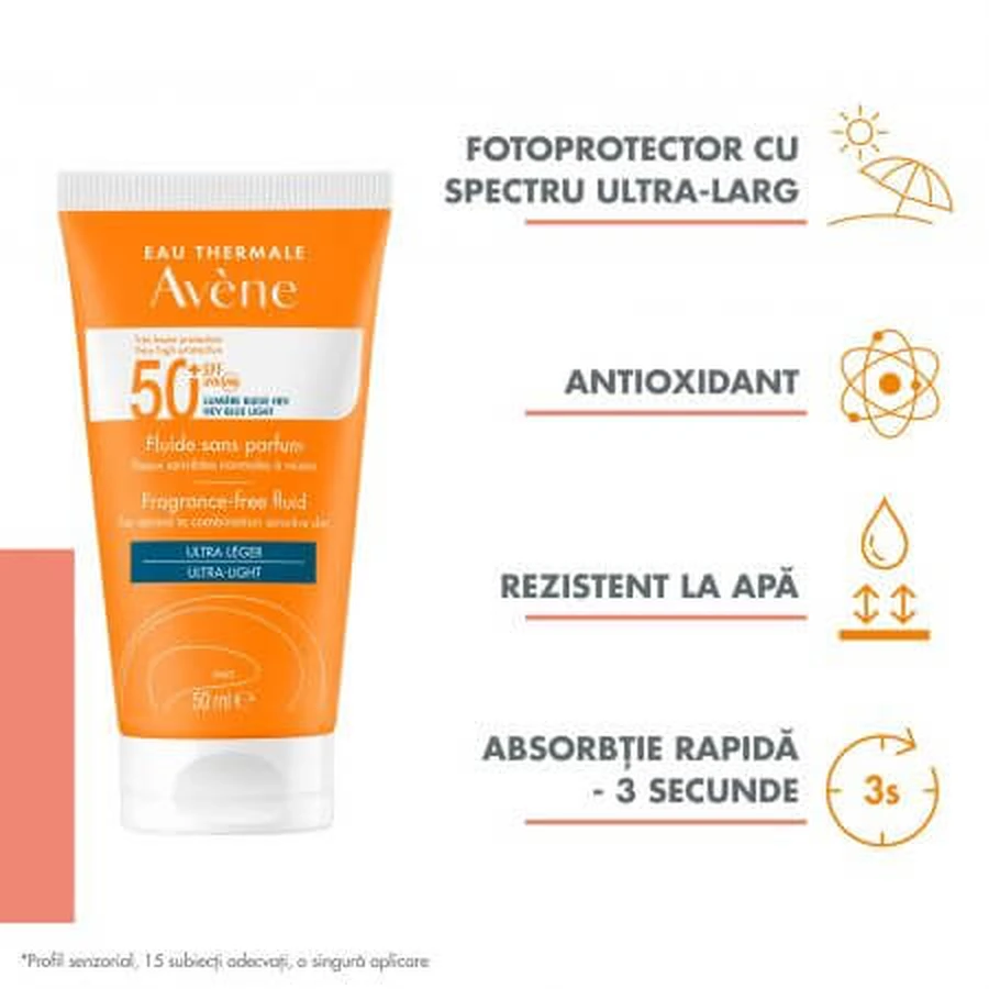 Fluid fără parfum pentru protecție solară SPF 50+, 50 ml, Avene