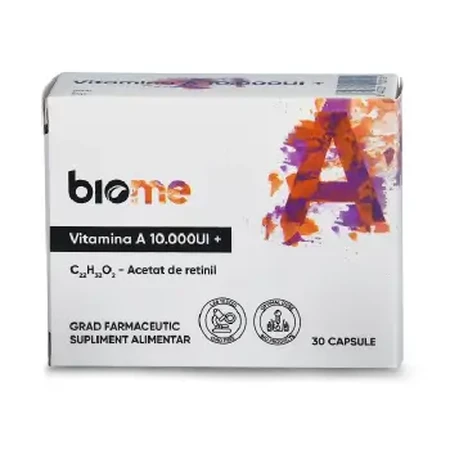 Vitamina A (acetato de retinol) 10,000IU+, 30 cápsulas, Biome 