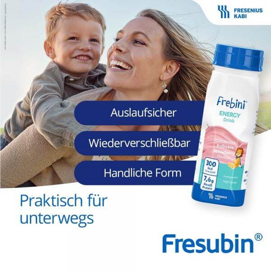 Frebini energy drink with strawberry flavor, 200 ml, Fresenius