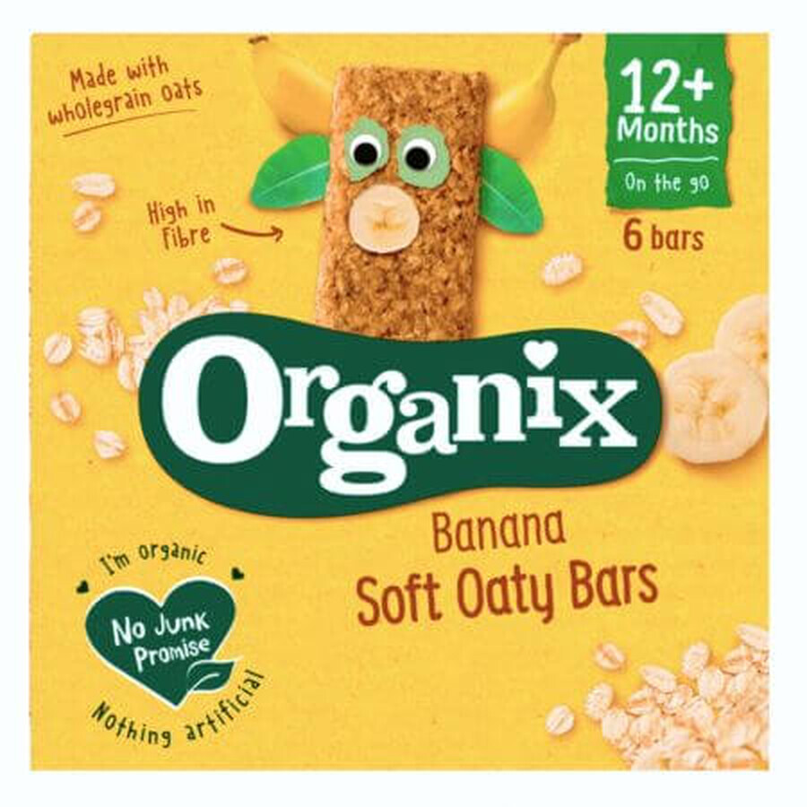 Organic wholegrain oat bars with cereals and bananas, +12 months, 6 bars x 23 g, Organix