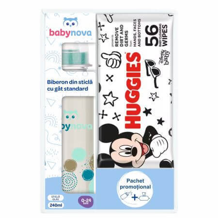 Pachet Biberon din sticla + Servetele umede Huggies Disney, Baby Nova