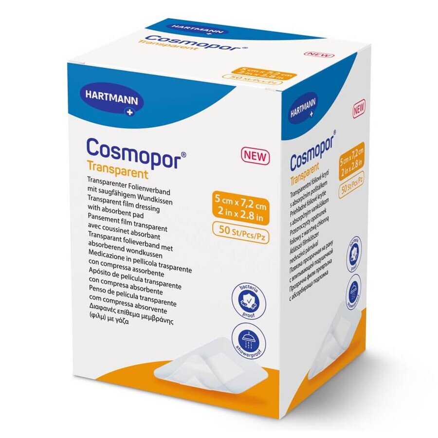 Cosmopor Transparent Transparentes Pflaster 901051, 5 cm x 7,2 cm, 50 Stück, Hartmann