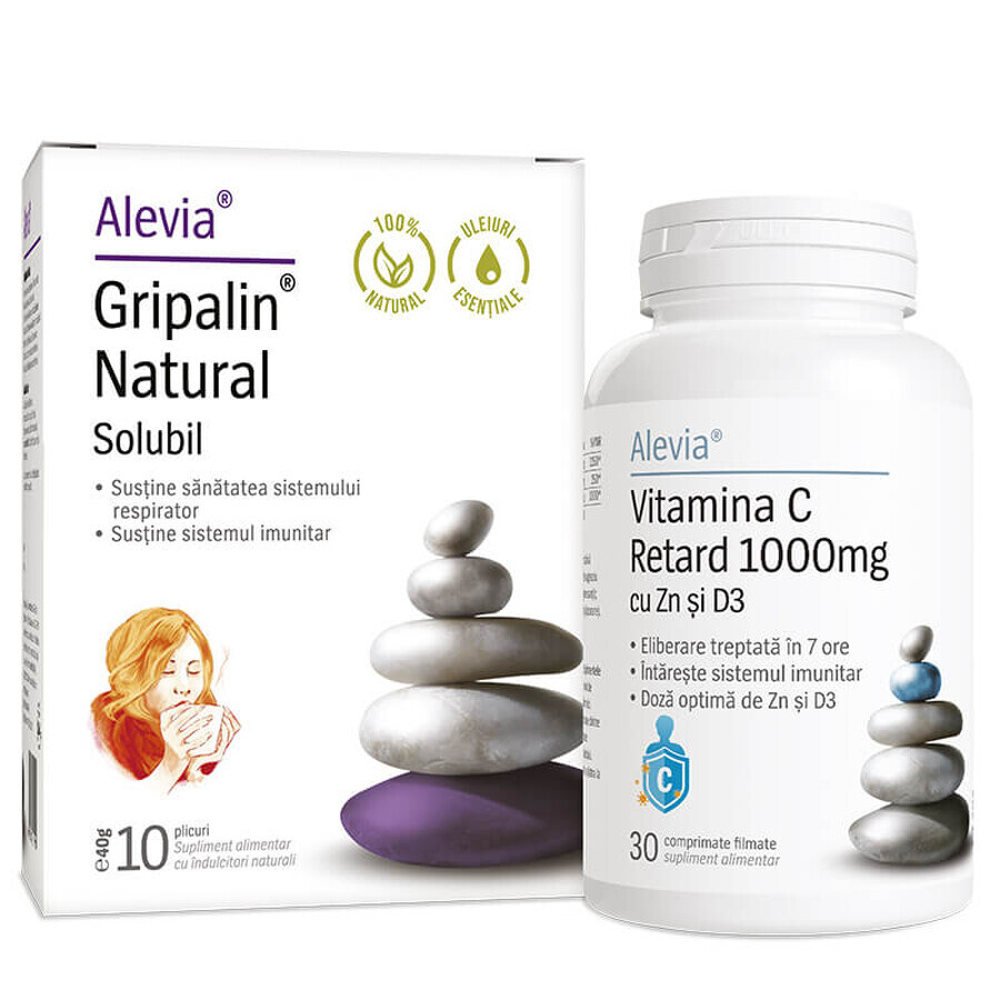 Gripalin Natural solubil 10 plicuri + Vitamina C 1000 mg Retard cu Zn si D3 30 comprimate, Alevia