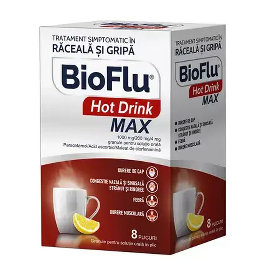 Bioflu Hot Drink Max, 1000 mg/200 mg/4 mg Granulat zum Einnehmen, 8 Portionsbeutel, Biofarm