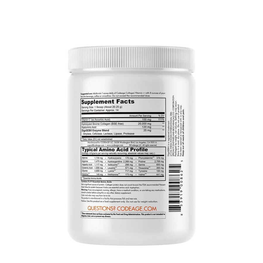 Codeage Collagen Vitamin C+, Colagen Hidrolizat cu Vitamina C si Acid Hialuronic, 283 g, GNC