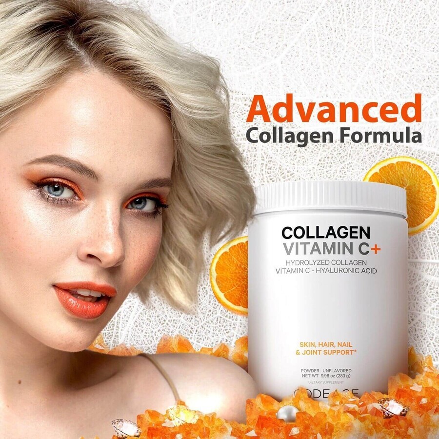 Codeage Collagen Vitamin C+, Colagen Hidrolizat cu Vitamina C si Acid Hialuronic, 283 g, GNC