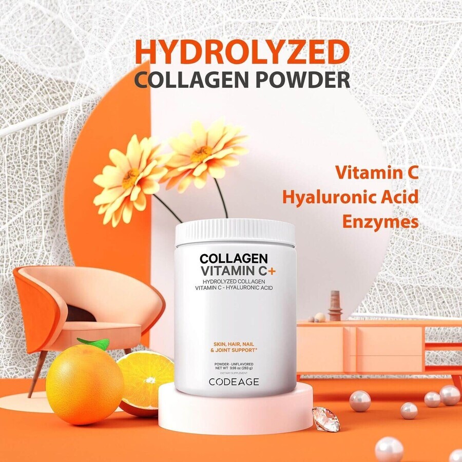 Codeage Collagen Vitamin C+, Colagen Hidrolizat cu Vitamina C si Acid Hialuronic, 283 g, GNC