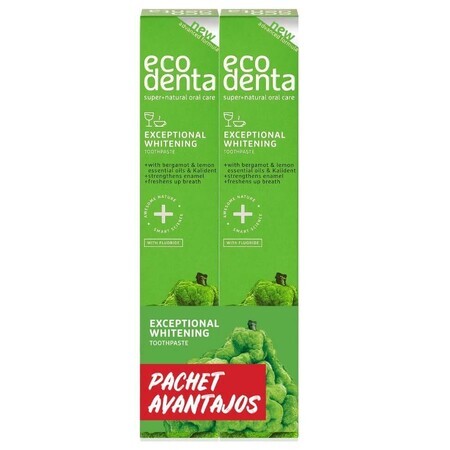 Pachet Pasta de dinti cu bergamot, uleiuri de lamaie si kalident Exceptional Whitening, 75 ml + 75 ml, Ecodenta