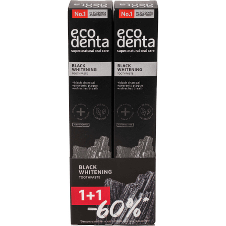 Packung 1+1-60% Whitening Zahnpasta Extra Schwarz mit Holzkohle und Teavigo, Ecodenta, 2x75 ml