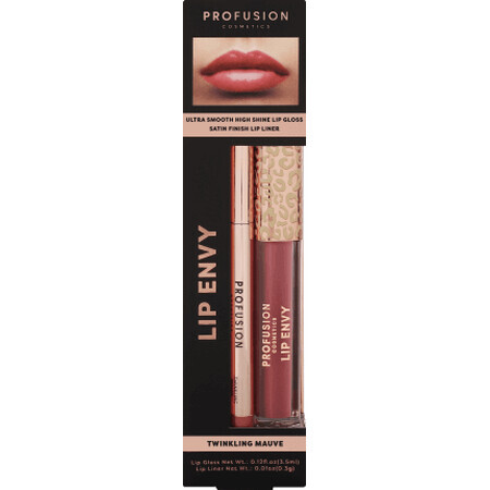 Set Lip Envy Twinkling Mauve, luciu de buze ultra neted si lucios &amp; creion pentru buze cu finish satinat, Profusion Cosmetics, 3,5 ml + 0,3 g