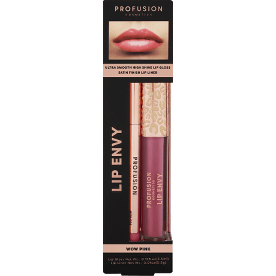 Set Lip Envy Wow Pink, luciu de buze ultra neted si lucios &amp; creion pentru buze cu finish satinat, Profusion Cosmetics, 3,5 ml + 0,3 g
