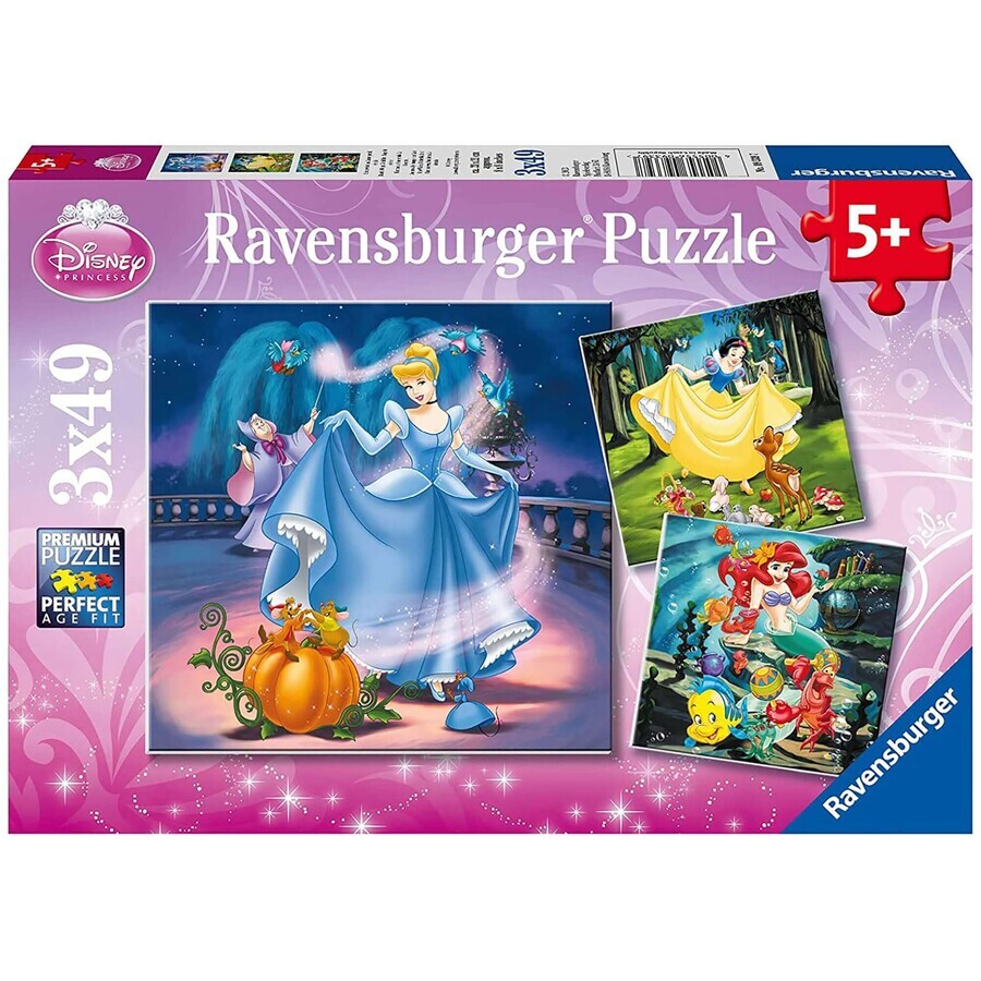 Schneewittchen, Cinderella und Ariel Puzzle, 3x49 Teile, Ravensburger