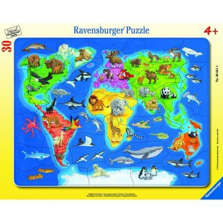 Puzzle Weltkarte mit Tieren, 30 Teile, Ravensburger