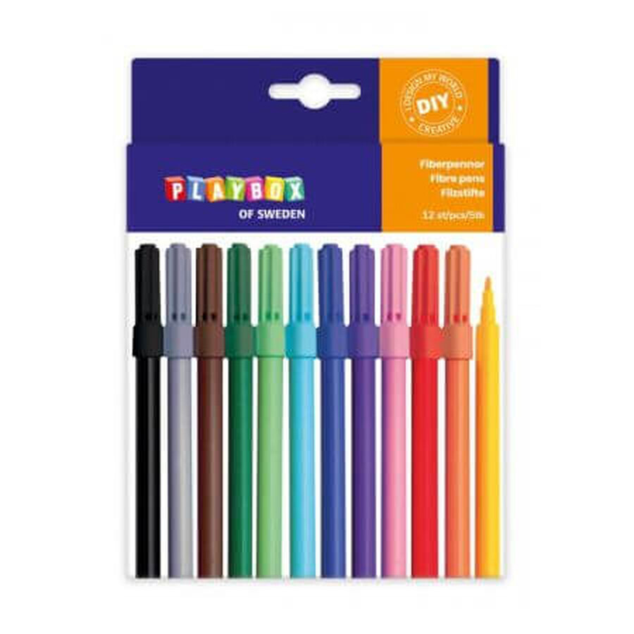 Set of 12 coloured markers with thin tip, Playbox