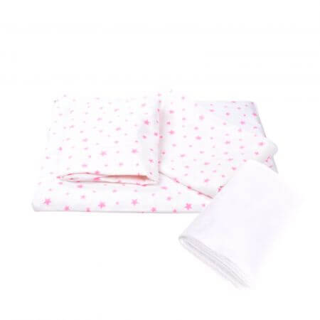 Bettwäscheset mit 3 Teilen für Kinderbett + wasserdichter Bezug, 120x60cm, Pink Stars, Fic Baby