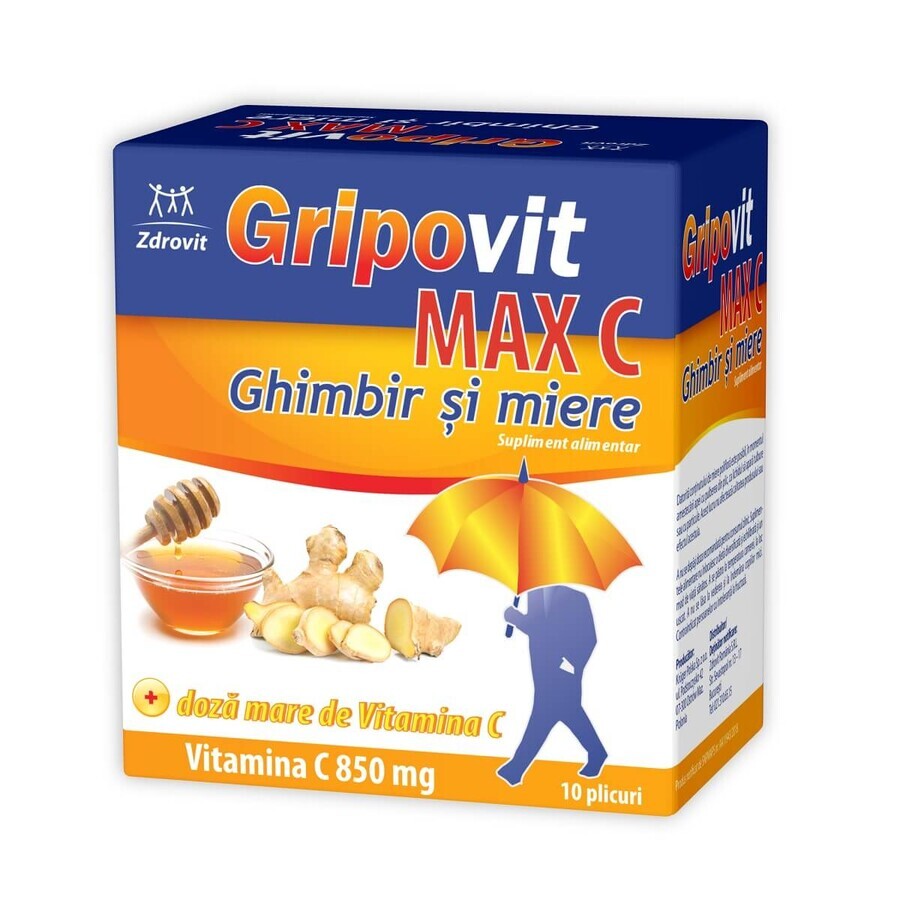 Gripovit Max C ghimbir și miere, 10 plicuri, Zdrovit