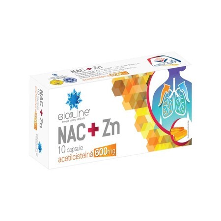 NAC+Zn 600 mg Acetylcystein mit Vitamin C Bioline, 10 Kapseln, Helcor