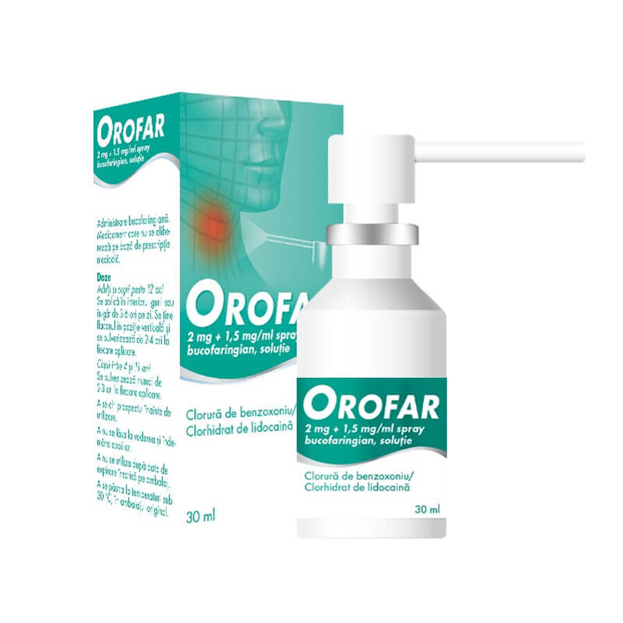 Orofar, 2 mg + 1.5 mg/ml oropharyngeal spray, solution, 30 ml, Stada