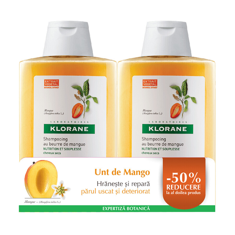 Pachet  Șampon hrănitor cu unt de mango pentru păr uscat, 400 ml + 400 ml, Klorane