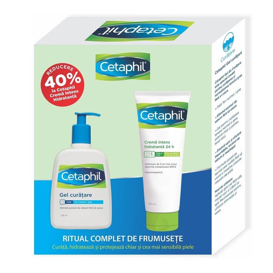 Pachet Cetaphil Gel de curatare, 236 ml + Crema intens hidratanta, 220 ml, Galderma