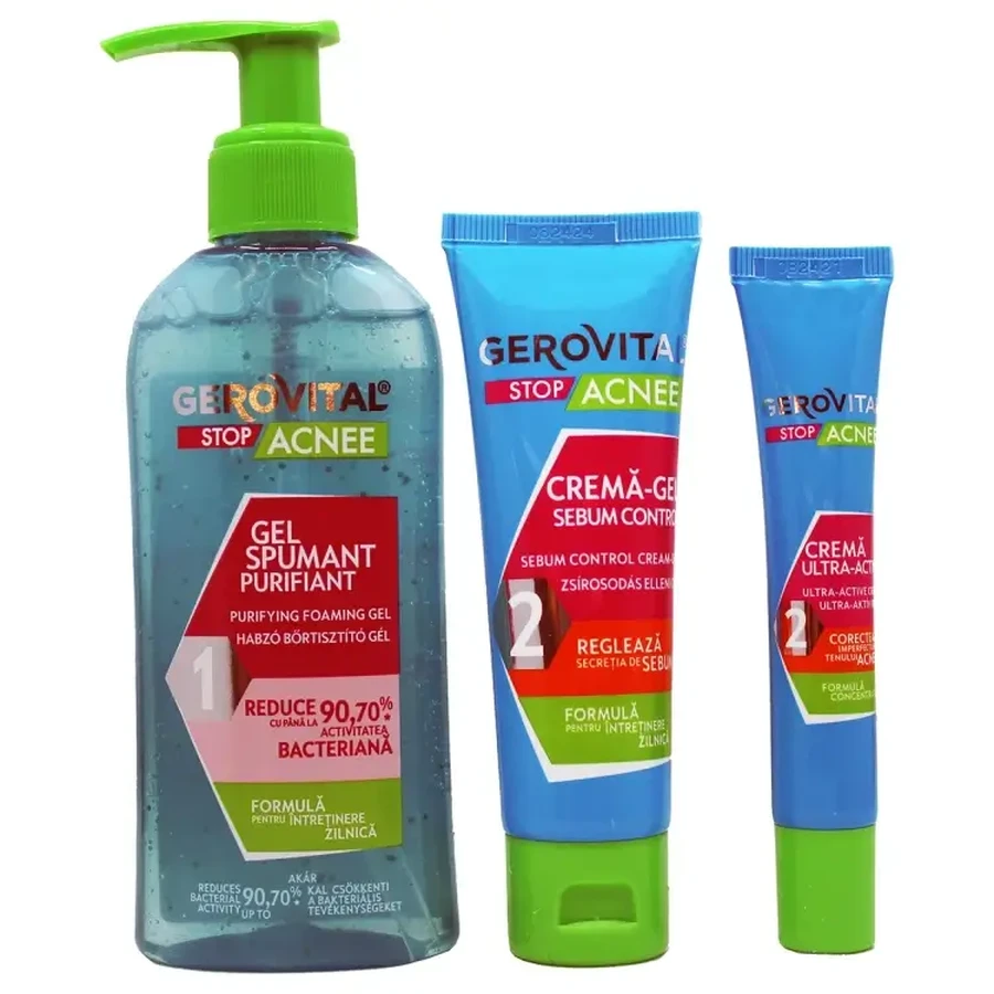Gerovital Set Stop Akne Schaumgel, 150 ml + Gel Creme Talgkontrolle, 50 ml + Crema ultra-activa, 15 ml, Farmec