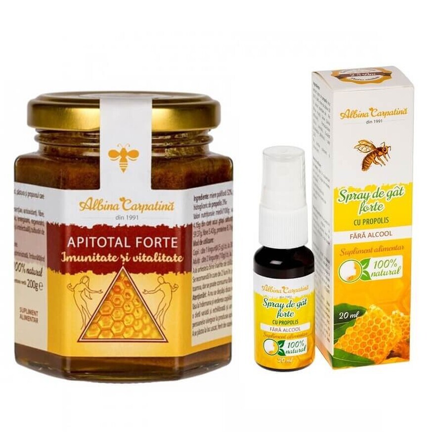 Immunitäts- und Vitalitätspaket, Apitotal Forte, 200 g + Starkes Rachenspray mit alkoholfreiem Propolis, 20 ml, Carpathian Bee
