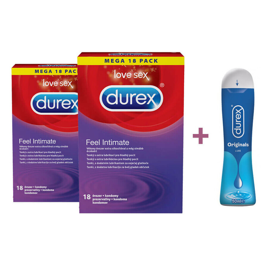 Pachet Prezervative Feel Intimate, 18 + 18 bucăți + Lubrifiant Originals, 50 ml, Durex