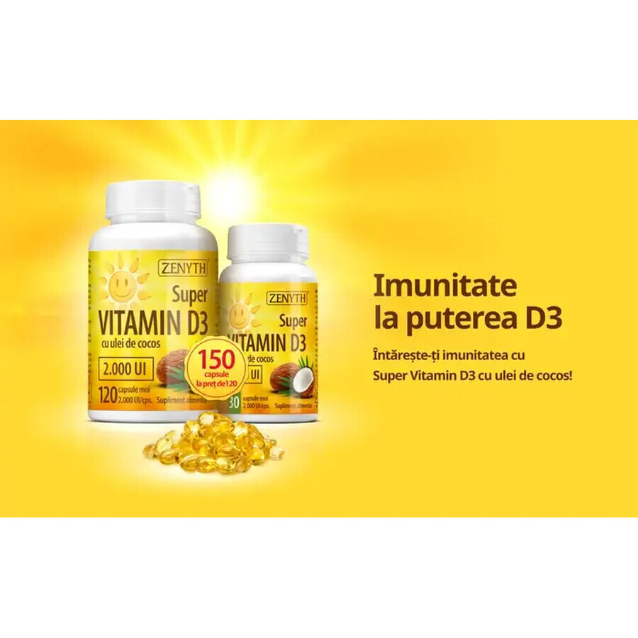 Super Vitamin D3 with coconut oil 2000UI pack, 120 + 30 capsules, Zenyth