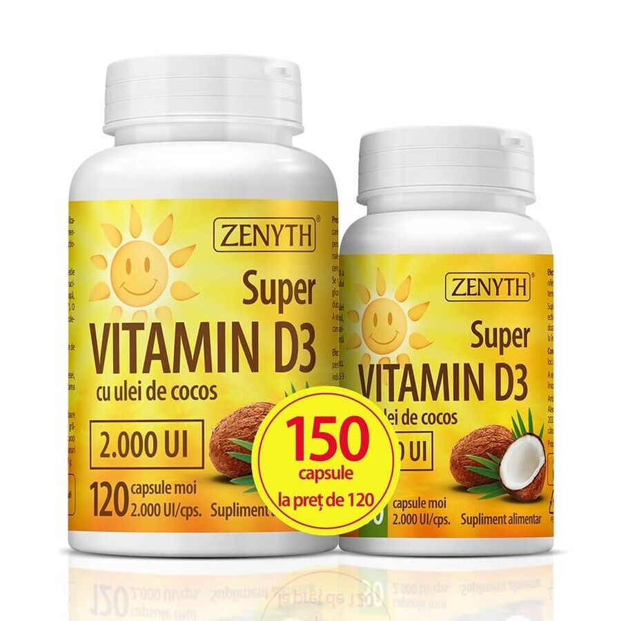Super Vitamin D3 mit Kokosnussöl 2000 IU, 120 + 30 Kapseln, Zenyth