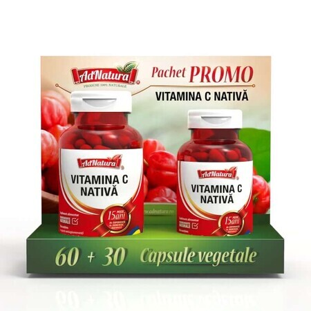 Pachet Vitamina C nativa, 60 + 30 capsule, AdNatura